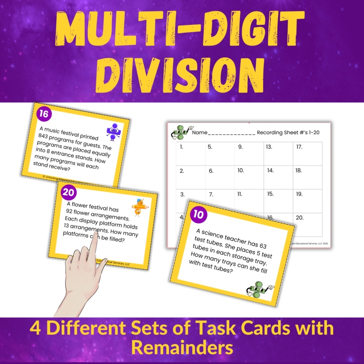 Multi-Digit Division Word Problem Task Cards for 3rd 4th 5th Grade Remainders