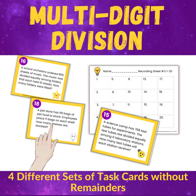 Multi-Digit Division Word Problem Task Cards for 3rd 4th 5th Grade No Remainders