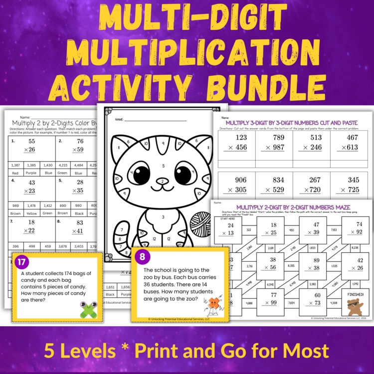 Leveled Multi-Digit Multiplication Activities Bundle Grades 3, 4, and 5