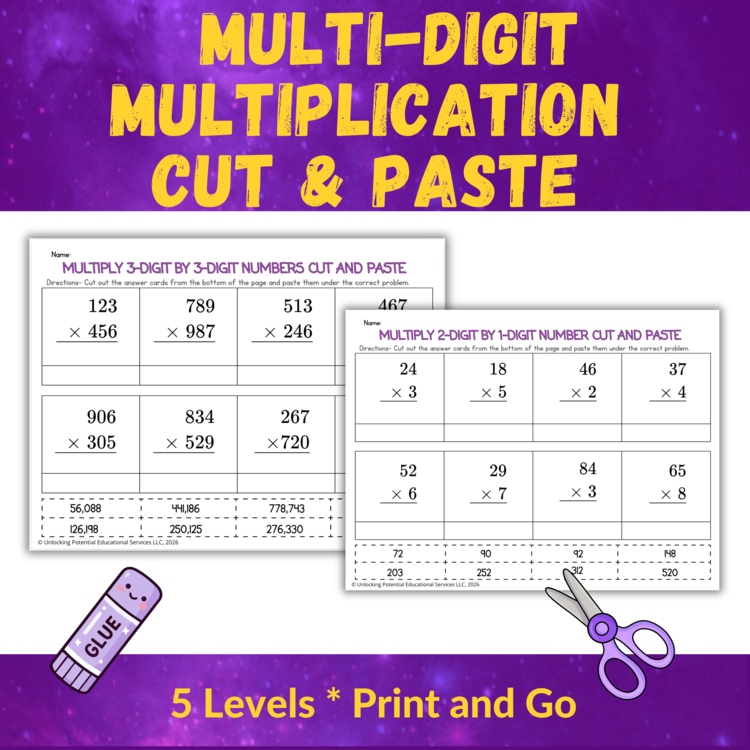 Leveled Multi-Digit Multiplication Cut and Paste Activities | 3rd 4th 5th Grade