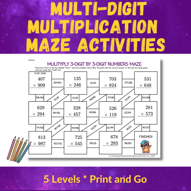 Multi-Digit Multiplication Maze Activities for 3rd 4th 5th Grade