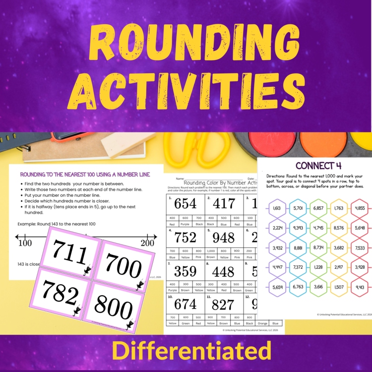 Differentiated Rounding  Activities, Games, & Task Card Bundle for Grades 2 & 3