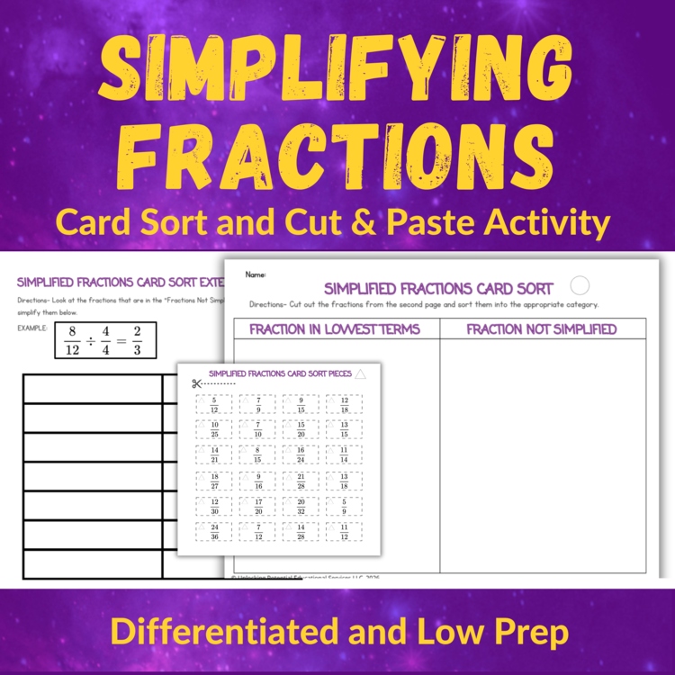 Simplifying Fractions Cut and Paste & Card Sorting Activity | Grades 4 and 5