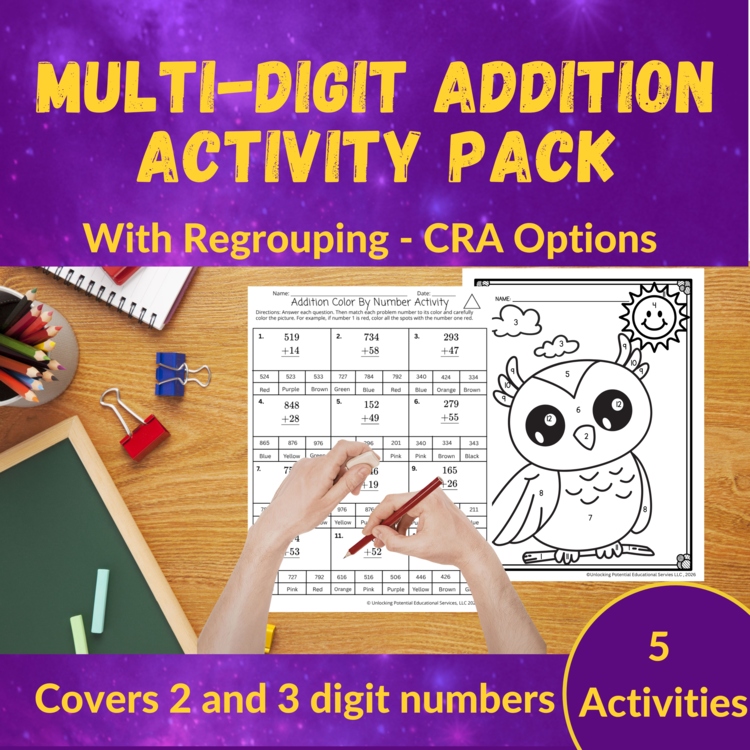 Multi-Digit Addition with Regrouping Leveled Activities - Grades 2 and 3