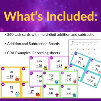 Multi-Digit Addition & Subtraction Task Cards Bundle 2nd, 3rd Grade | CRA, image 2