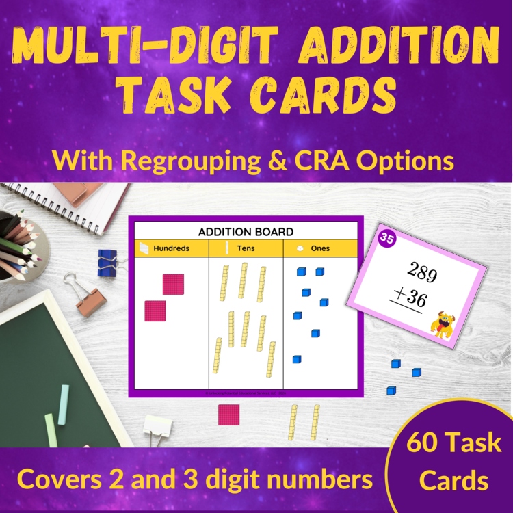 Multi-Digit Addition with Regrouping Task Cards for 2nd and 3rd Grade CRA Option