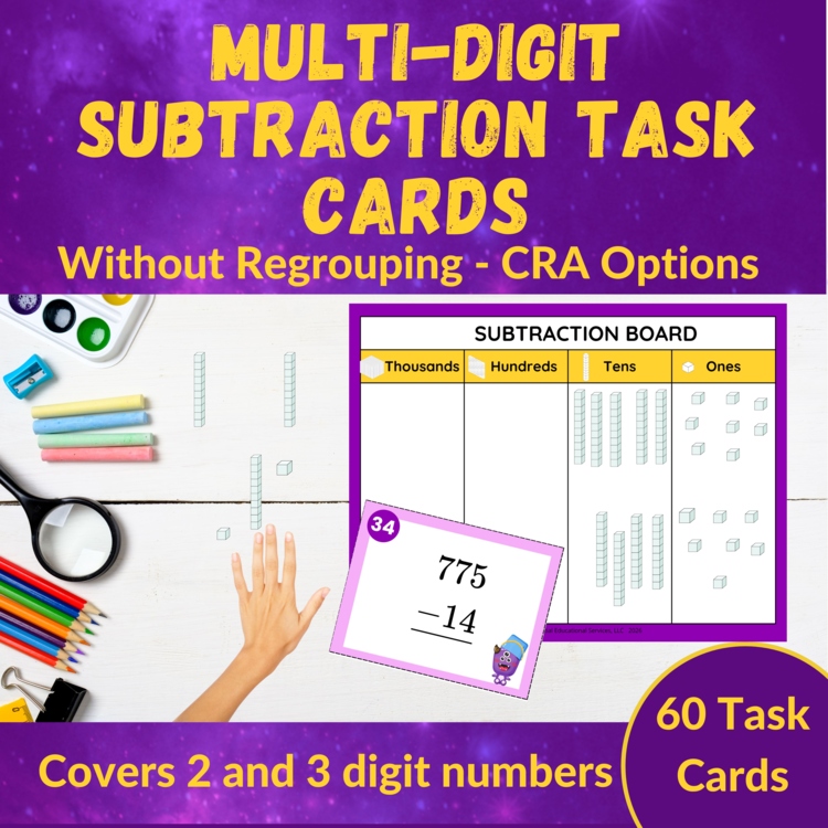 Multi-Digit Subtraction Task Cards - 2nd and 3rd Grade - CRA Friendly