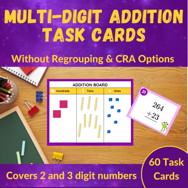 Multi-Digit Addition without Regrouping Task Cards - 2nd and 3rd Grade CRA Model