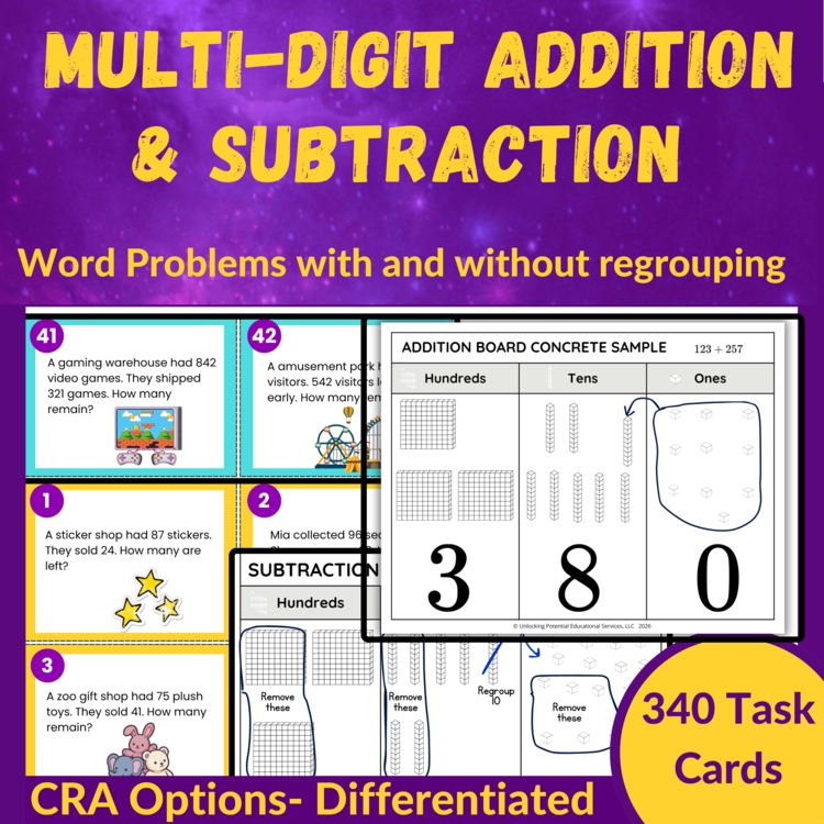 2nd & 3rd Grade Multi-Digit Addition and Subtraction Task Card Bundle | CRA