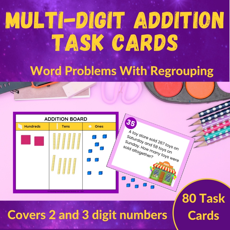 Multi-Digit Addition with Regrouping Word Problem Task Cards - Grades 2 and 3