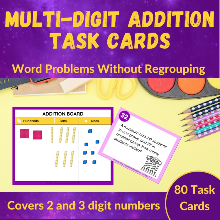 Multi-Digit Addition without Regrouping Word Problem Task Cards - Grades 2 and 3