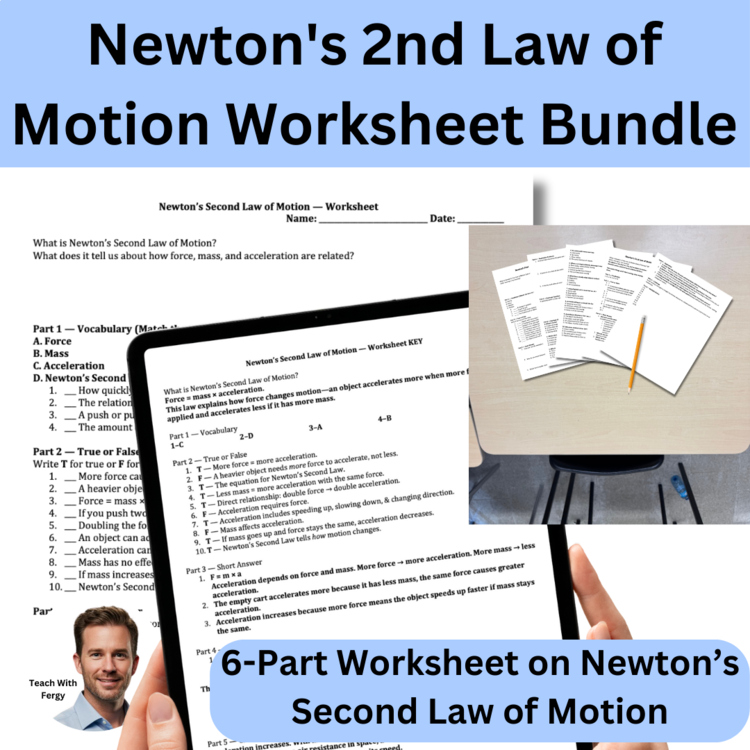 Newton's 2nd Law of Motion Worksheet 6- Part Bundle Newtons Second Law Worksheet