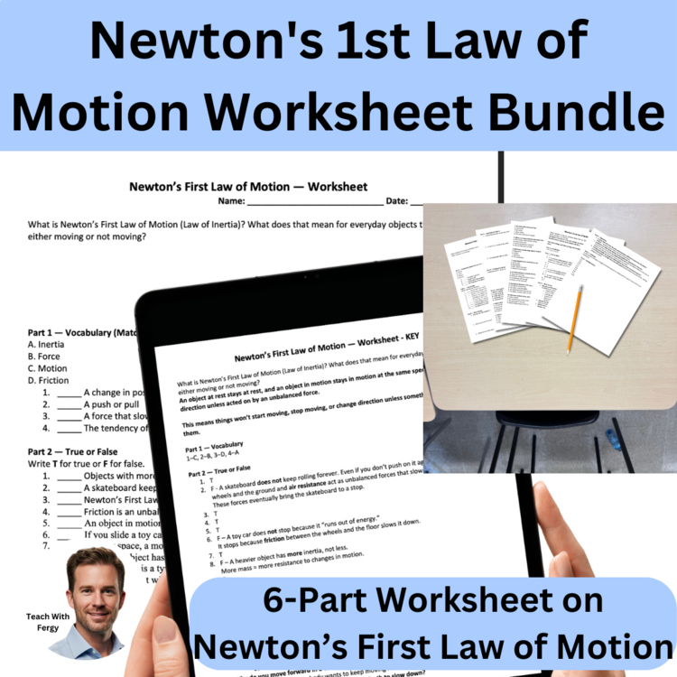 Newton's 1st Law of Motion Worksheet Bundle | 6-Part Newtons First Law Worksheet