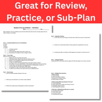 Newton's 1st Law of Motion Worksheet Bundle | 6-Part Newtons First Law Worksheet, image 3