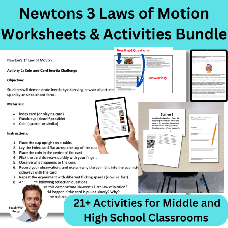 Newton's Three Laws of Motion Worksheets & Activities Bundle | 1st, 2nd, 3rd Law