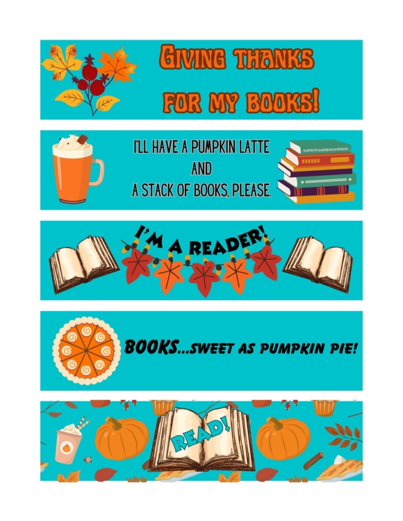 Pumpkins, Pies, & Lattes Thanksgiving Bookmarks 300 dpi