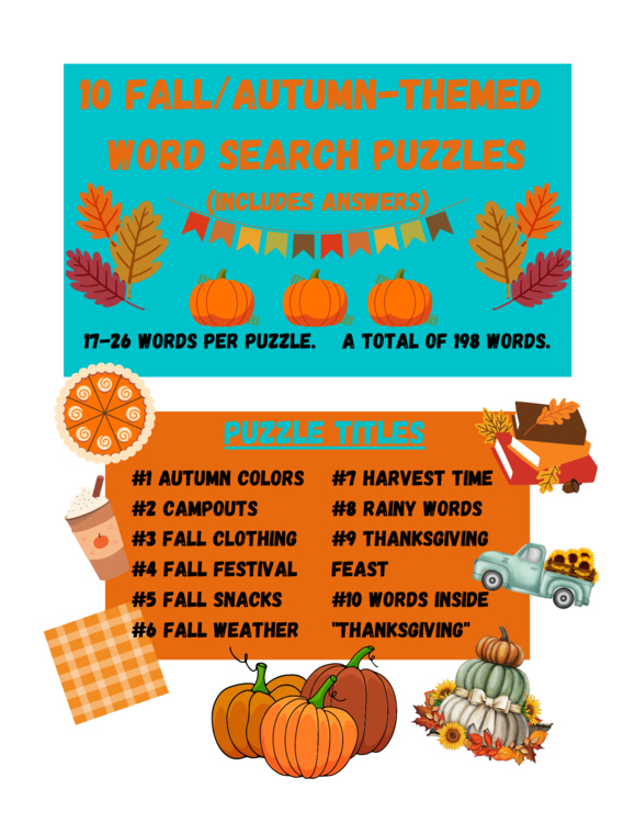 10 Fall/Autumn-Themed Word Search Puzzles