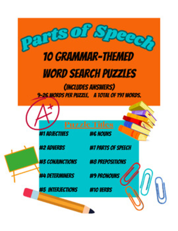 10 Parts of Speech-Themed Word Search Puzzles including Answers
