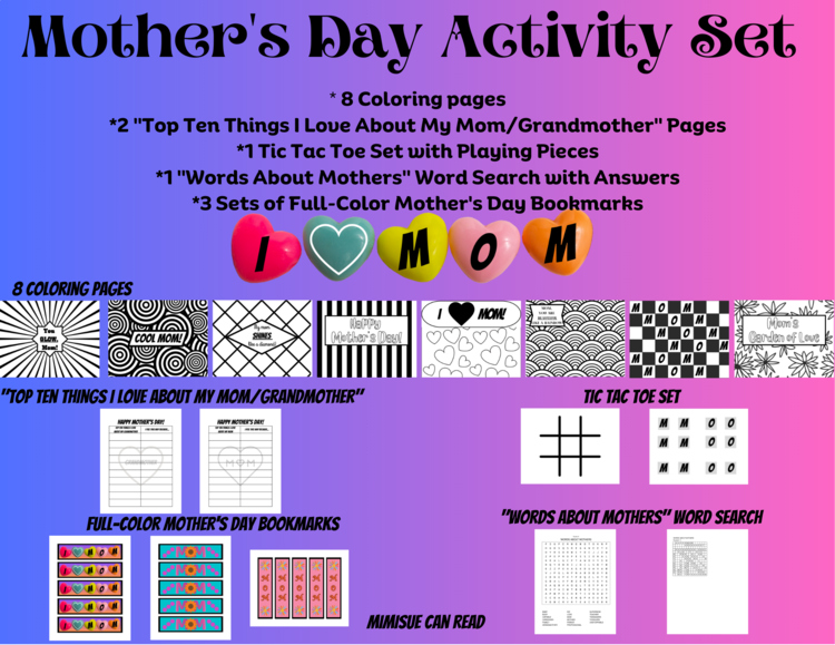 Mother's Day Activity Set (Coloring, Word Search, Writing, Bookmarks, & More)