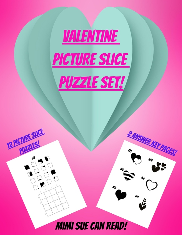 Valentine Heart-Themed Picture Slice Puzzles/Set of 12 with Answers!