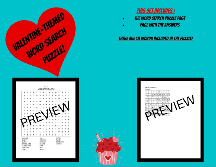 Valentine-Themed Word Search Puzzle w/Answers (18 Words)