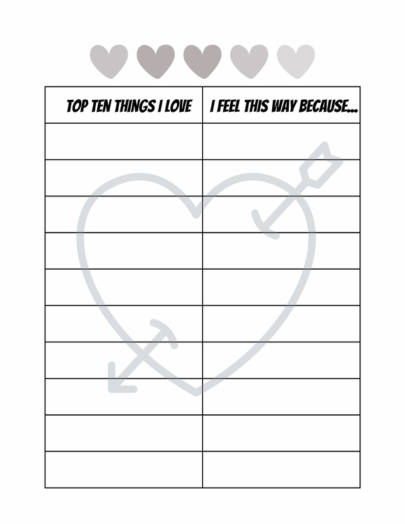 Top Ten Things I Love (& Why) Valentine-Themed Activity