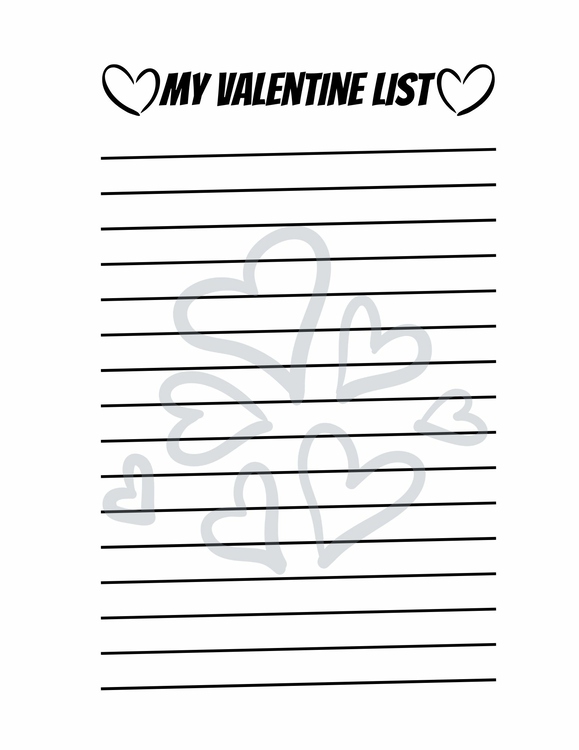 "My Valentine List" Valentine Card Recipient Blank List