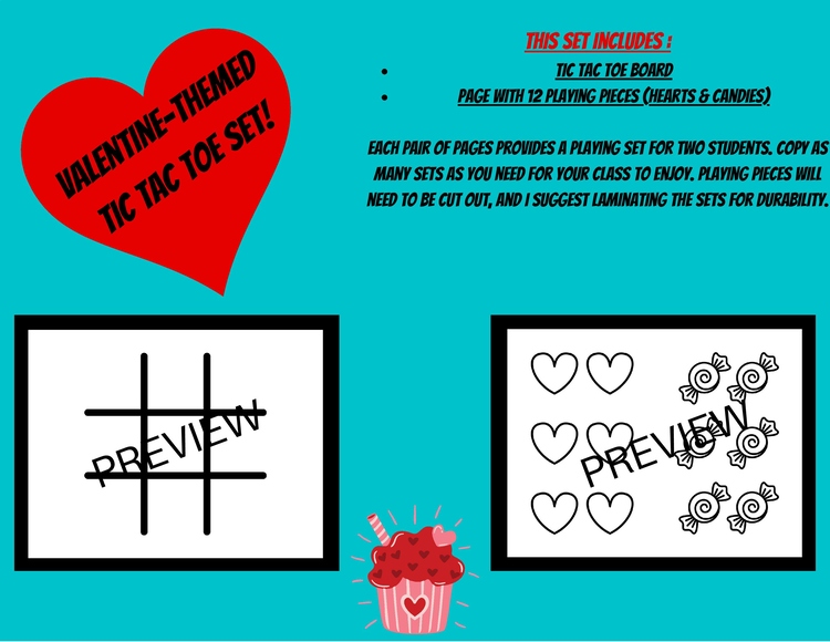Valentine-Themed Tic Tac Toe Board w/Candy- & Heart-Shaped Playing Pieces