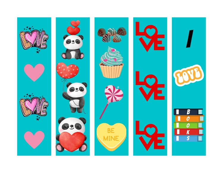 Valentine's Day Bookmarks! Turquoise Background/5-Piece Set!