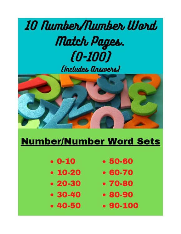 10 Number Words 0-100 Word Match Sets with Answers Math/Spelling/Counting