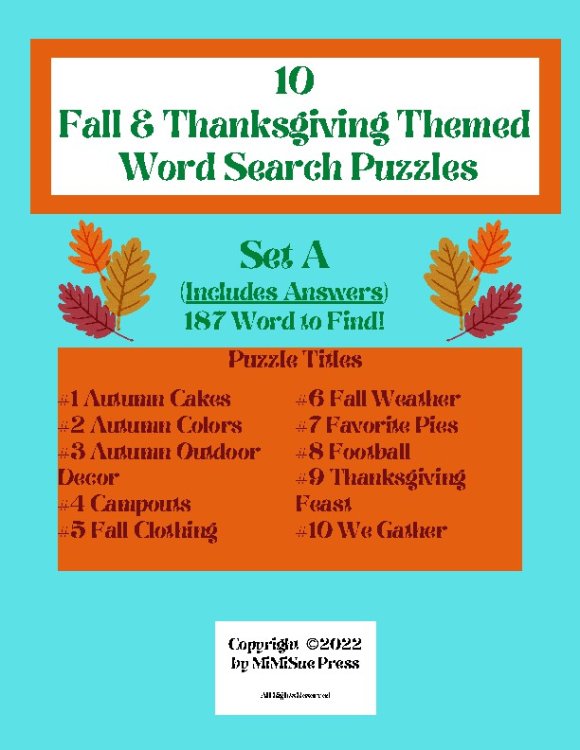 10 Fall and Thanksgiving Word Search Puzzles with Answers (Set A)