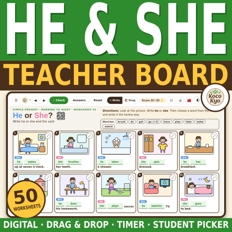 Simple Present He She Worksheets for ESL / ELL | 50 Daily Routine Activities