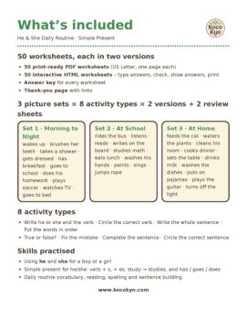Simple Present He She Worksheets for ESL / ELL | 50 Daily Routine Activities, image 2