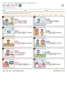 Simple Present He She Worksheets for ESL / ELL | 50 Daily Routine Activities, image 3