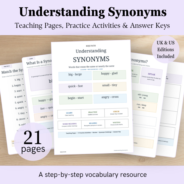 Synonyms Worksheets & Activities | Vocabulary Practice | Grades 1–3 | UK & US