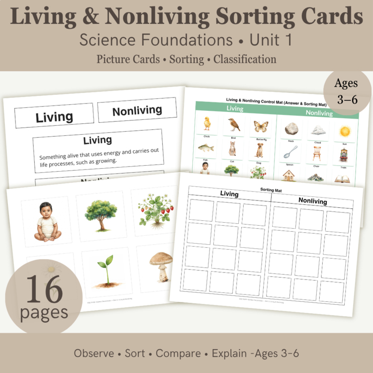 Living & Nonliving Sorting Cards | Science Classification Activities | Ages 3–6