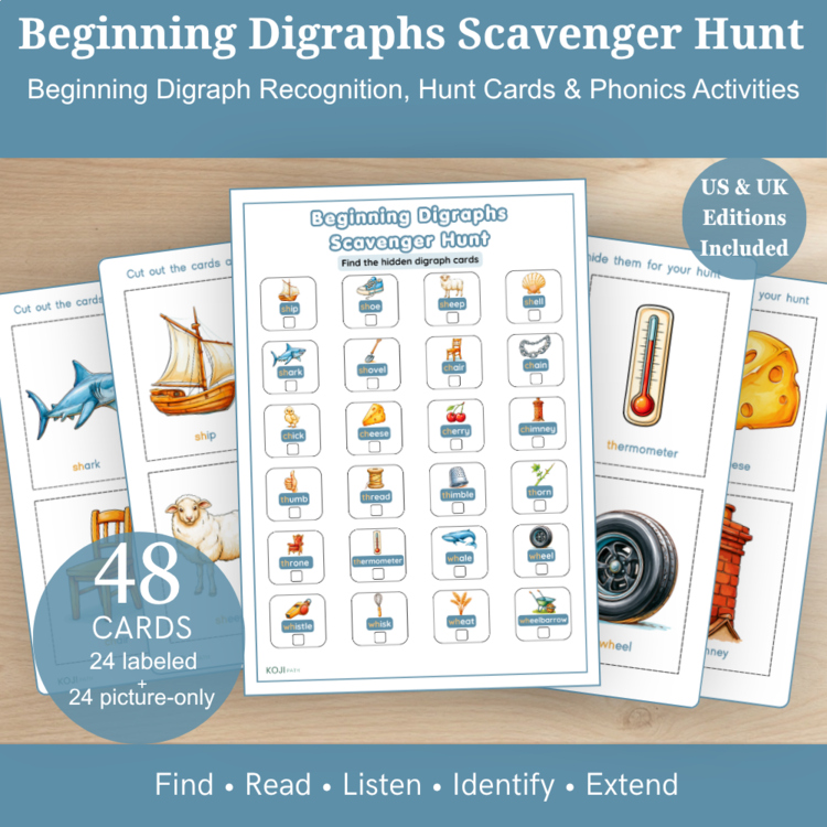 Beginning Digraphs Scavenger Hunt | SH CH TH WH Phonics | 48 Picture Cards