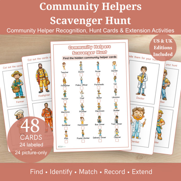 Community Helpers Scavenger Hunt – 48 Picture Cards & Activities