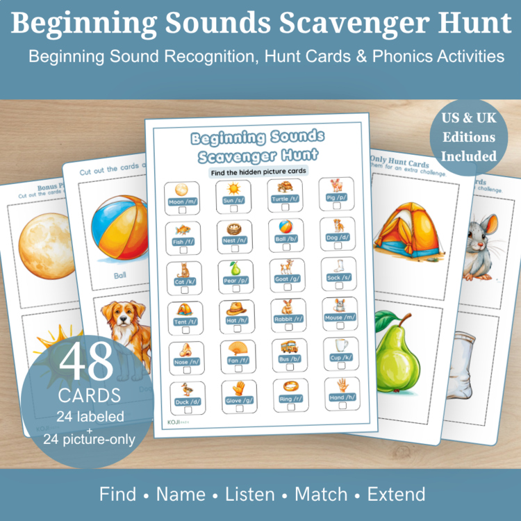 Beginning Sounds Scavenger Hunt | Phonics Activity | 48 Picture Cards | UK & US