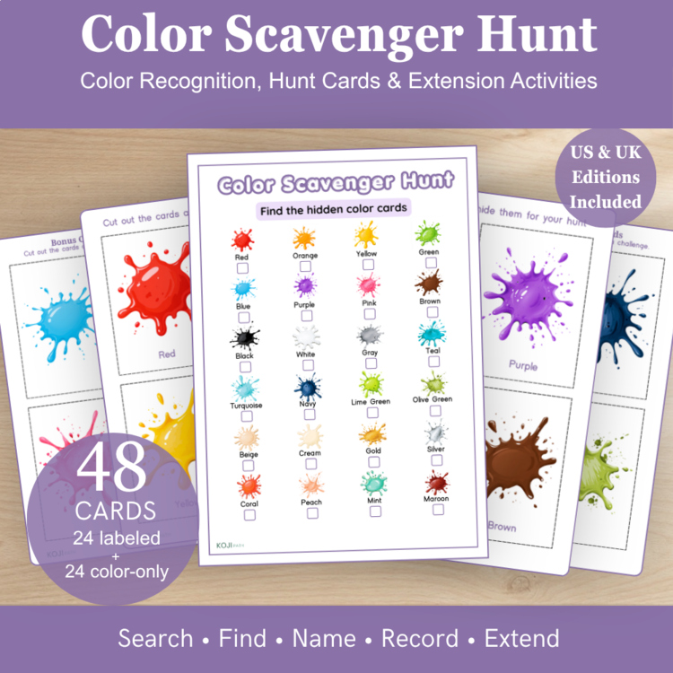 Color Scavenger Hunt Printable | Color Recognition Activity | 48 Cards | UK & US