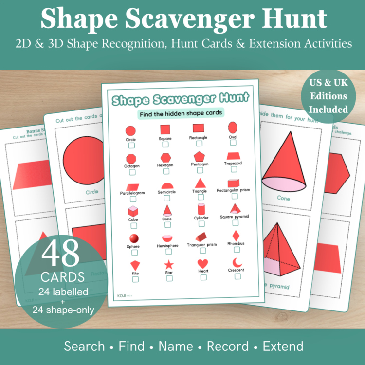Shape Scavenger Hunt Printable | 2D & 3D Shapes | 48 Cards | UK & US