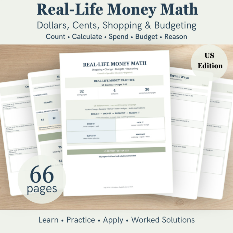 US Money Math Worksheets | Dollars & Cents, Change & Budgeting | Grades 2–4