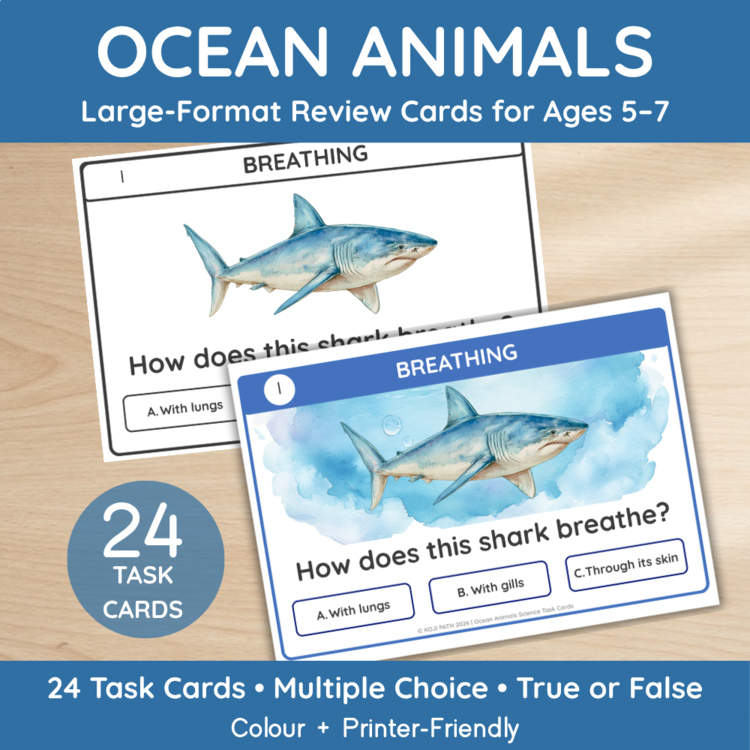 Ocean Animals Science Task Cards | Habitats, Adaptations & Food Chains | Ages 5–7