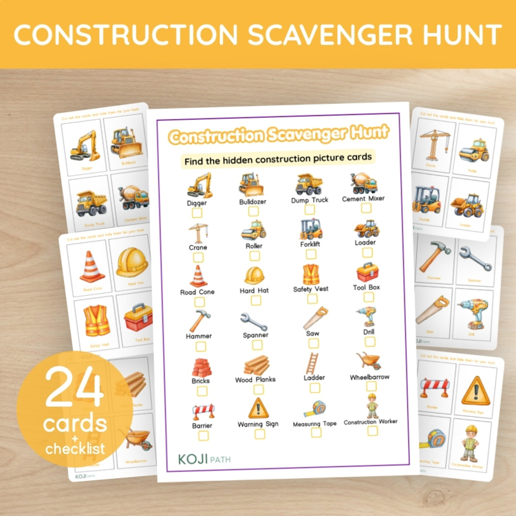 Construction Scavenger Hunt Printable | Vehicles, Tools & Equipment | 24 Cards