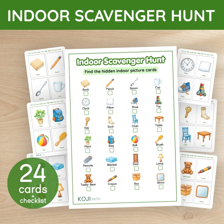 Indoor Scavenger Hunt Printable | 24 Household Object Cards & Checklist