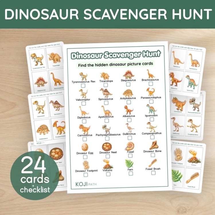 Dinosaur Scavenger Hunt | 24 Picture Cards & Checklist | Indoor & Outdoor Game