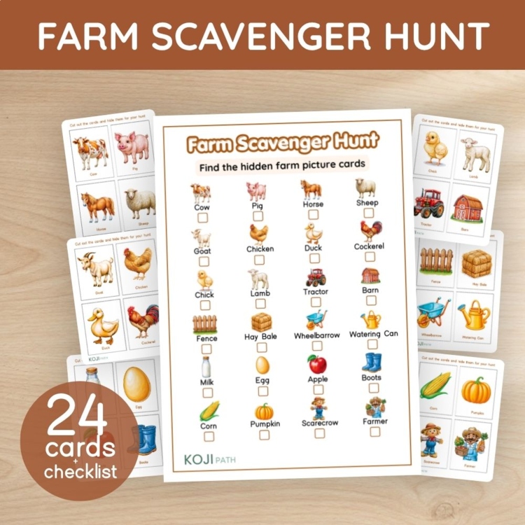 Farm Scavenger Hunt | 24 Picture Cards & Checklist | Indoor & Outdoor Game
