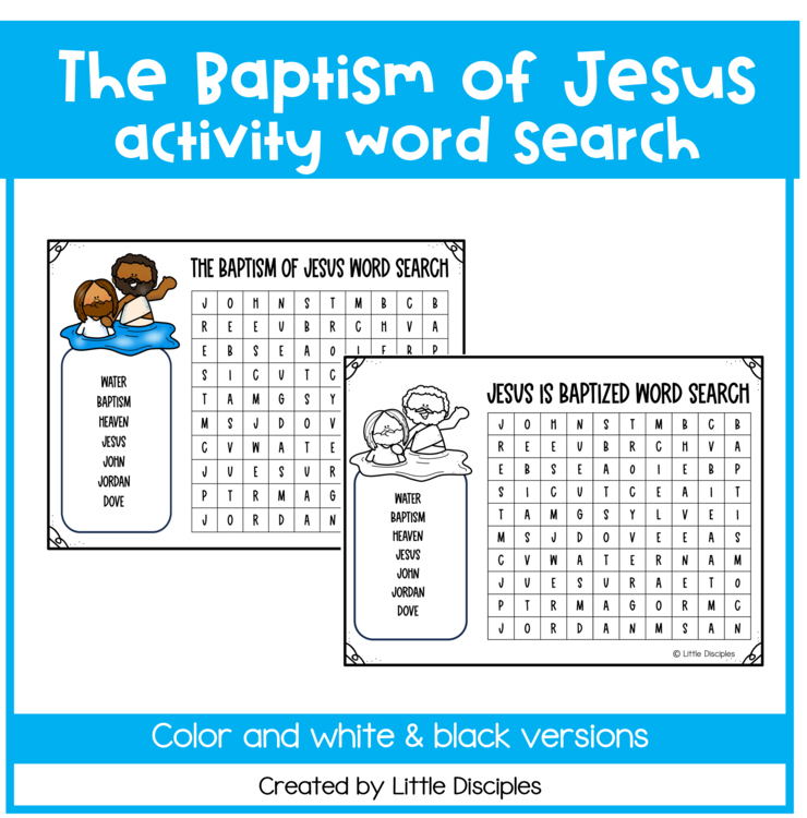 Baptism of Jesus activity word search worksheet | Jesus is baptized coloring page 1
