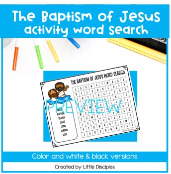 Baptism of Jesus activity word search worksheet | Jesus is baptized coloring page 1, image 2
