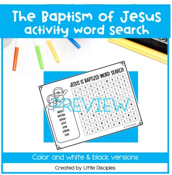 Baptism of Jesus activity word search worksheet | Jesus is baptized coloring page 1, image 3